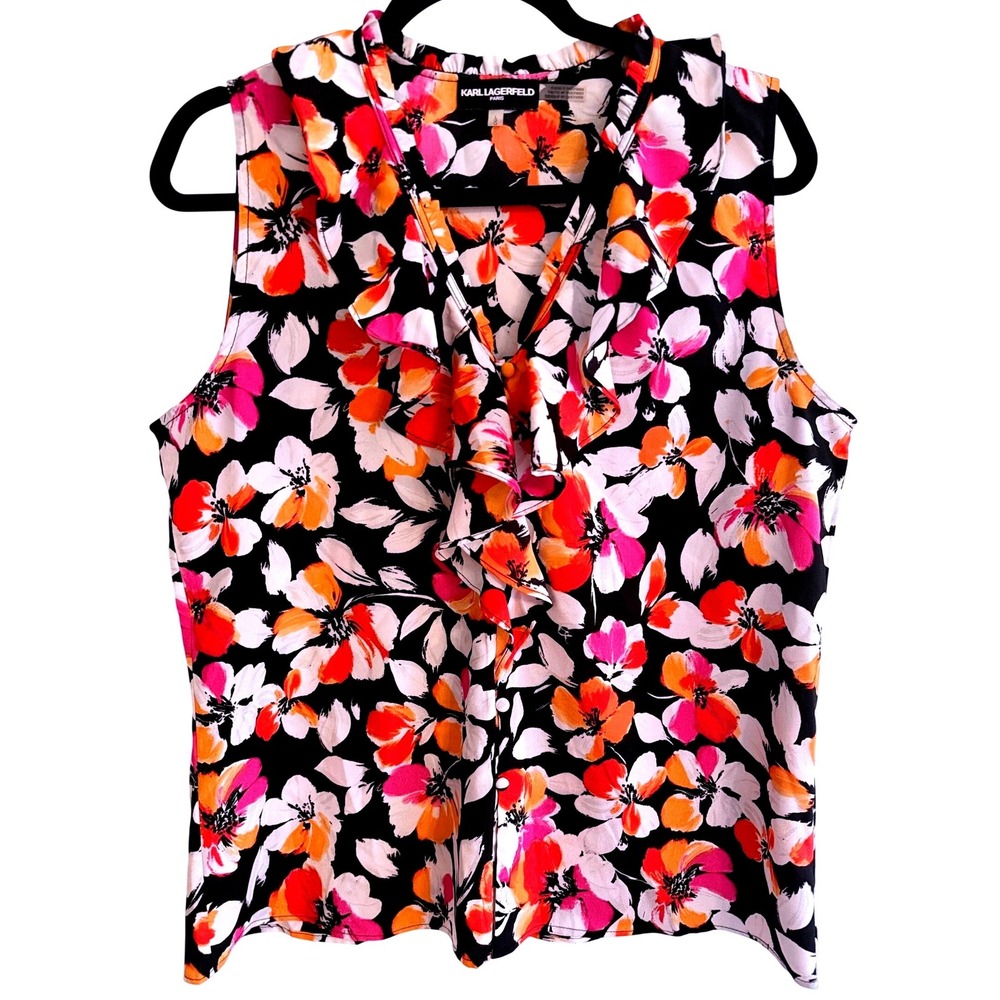 Karl Lagerfeld Vibrant Chic Summer Calico Floral Blouse Large Ruffle Sleeveless‎